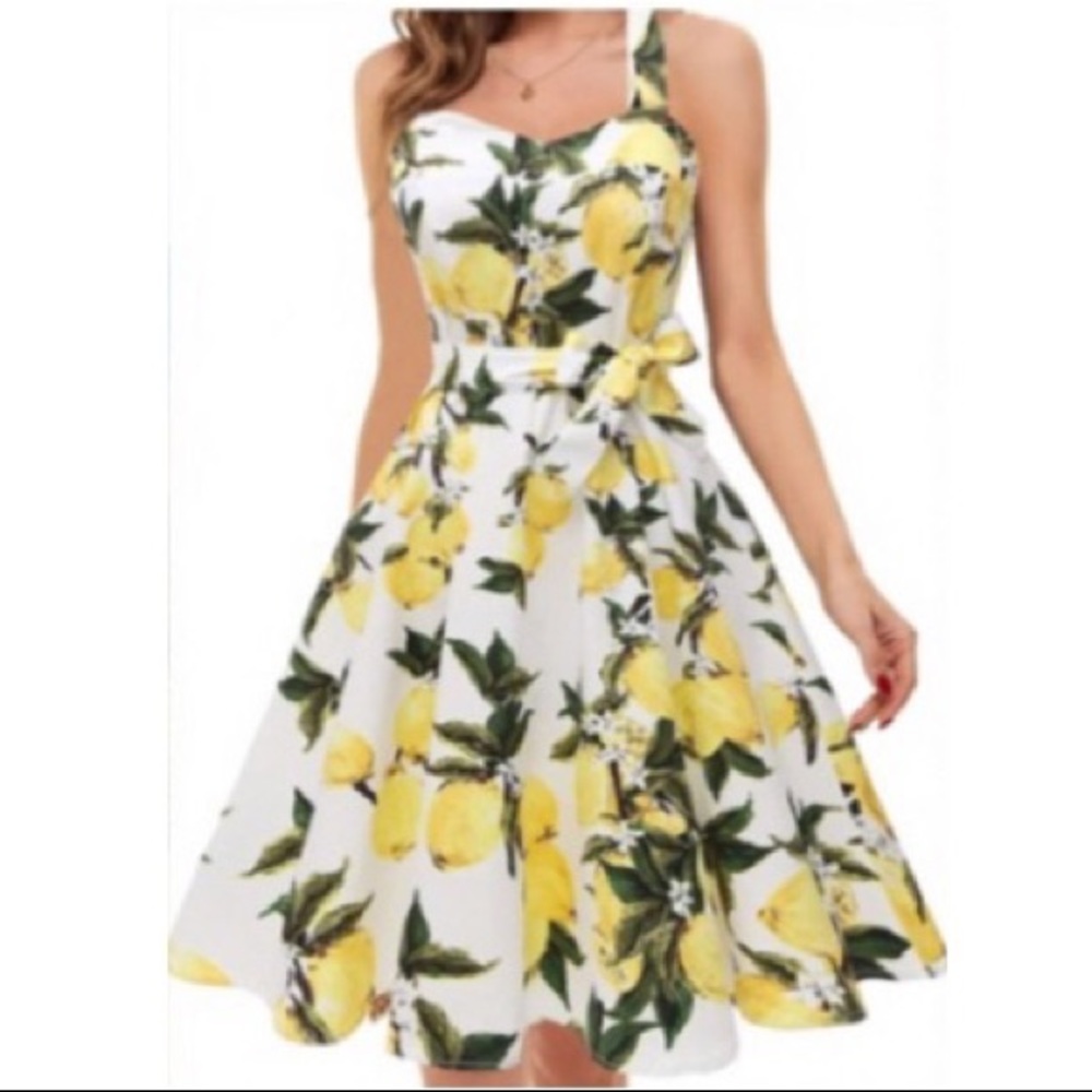 Lemon Print Sweetheart Halter Dress